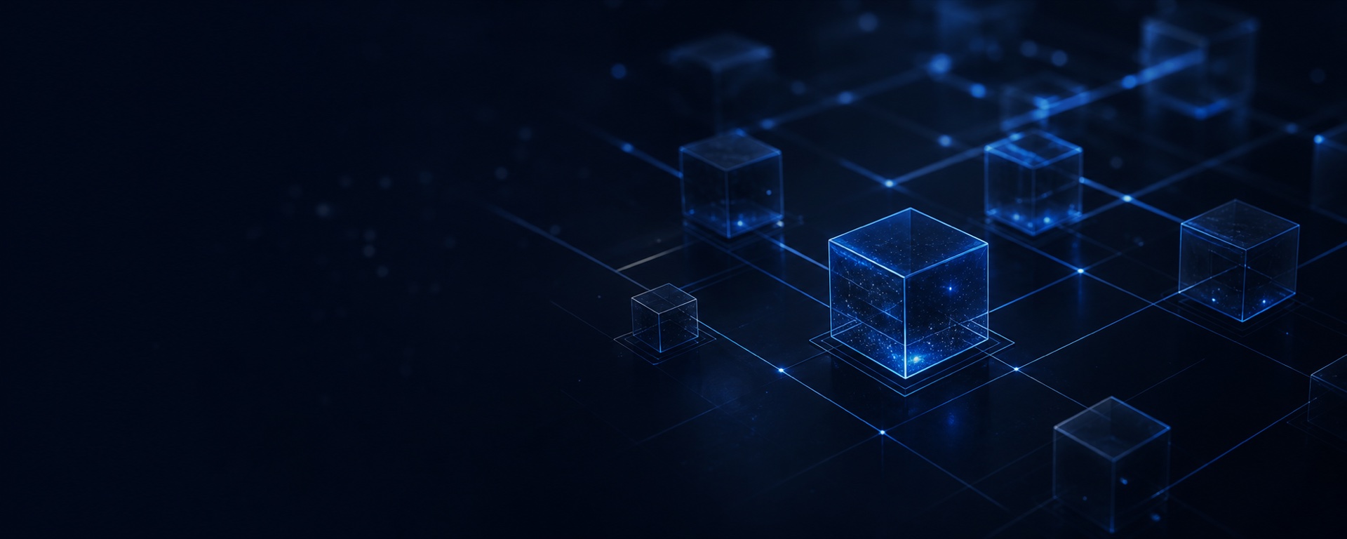 ブロックチェーンの接続関係を表現する透明なガラスキューブ